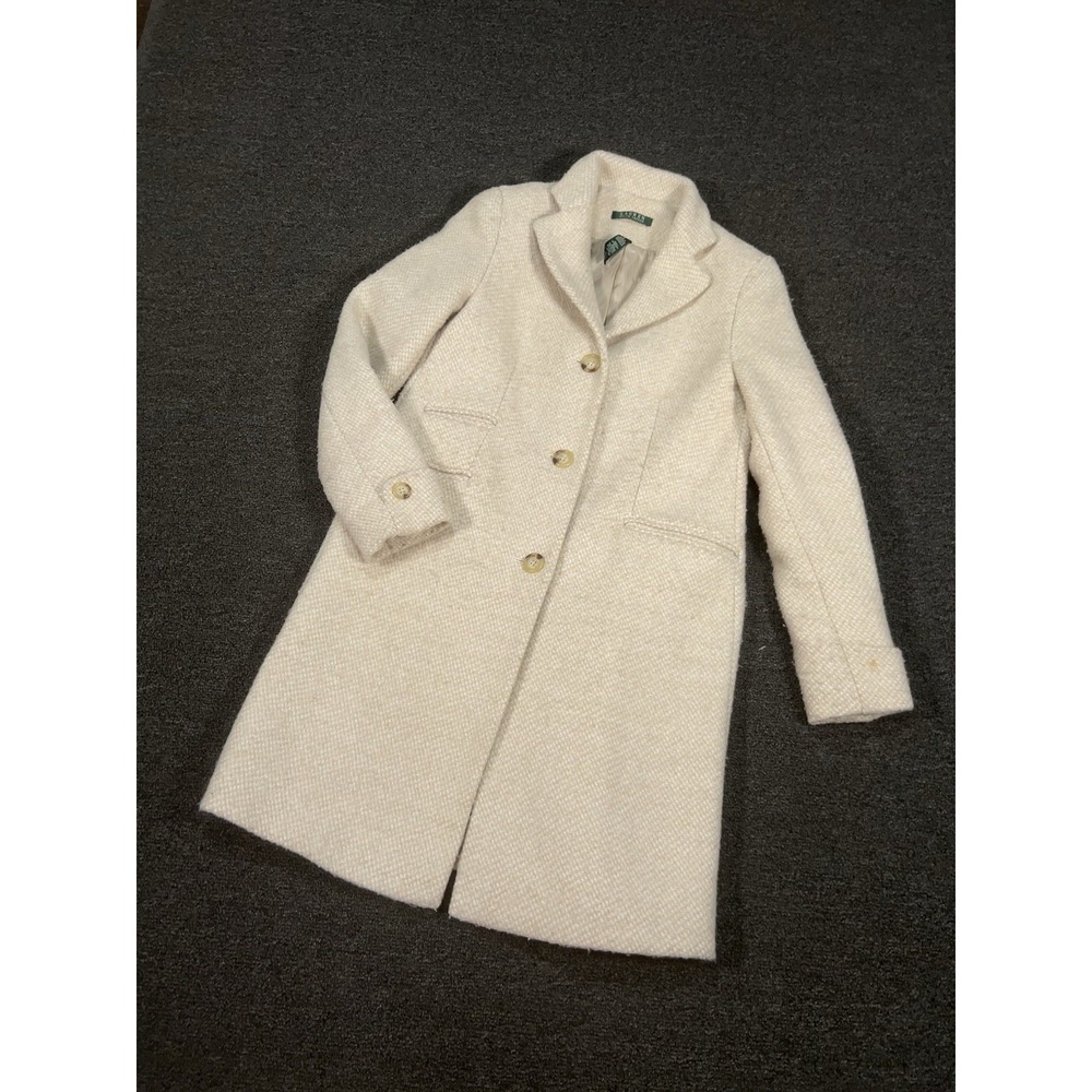 VTG Lauren Ralph Lauren Tweed Overcoat Women 4 Beige Wool Academia Equestrian